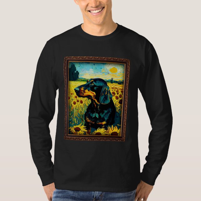 Black and Tan Coonhound Painting Sunflower Flower  T Shirt (Framsida)