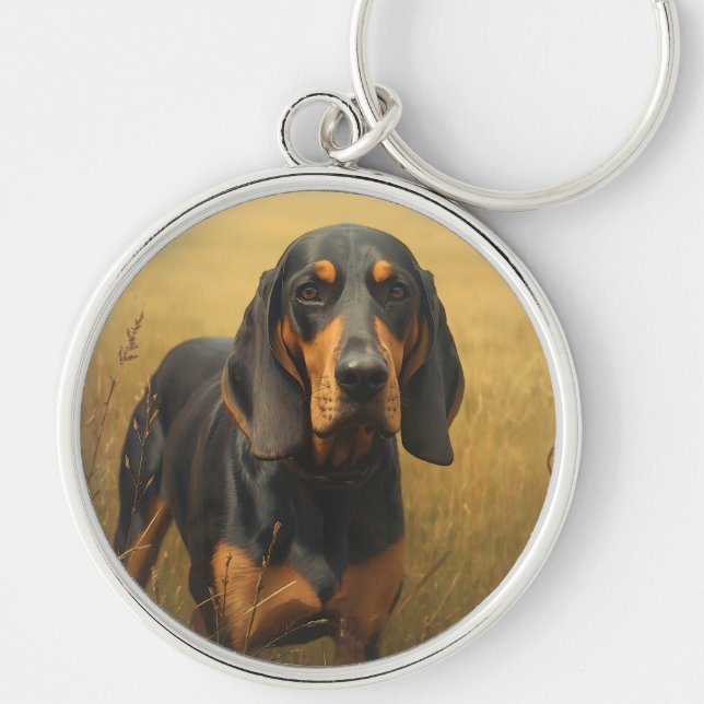 Black and Tan Coonhound Rund Silverfärgad Nyckelring (Framsidan)