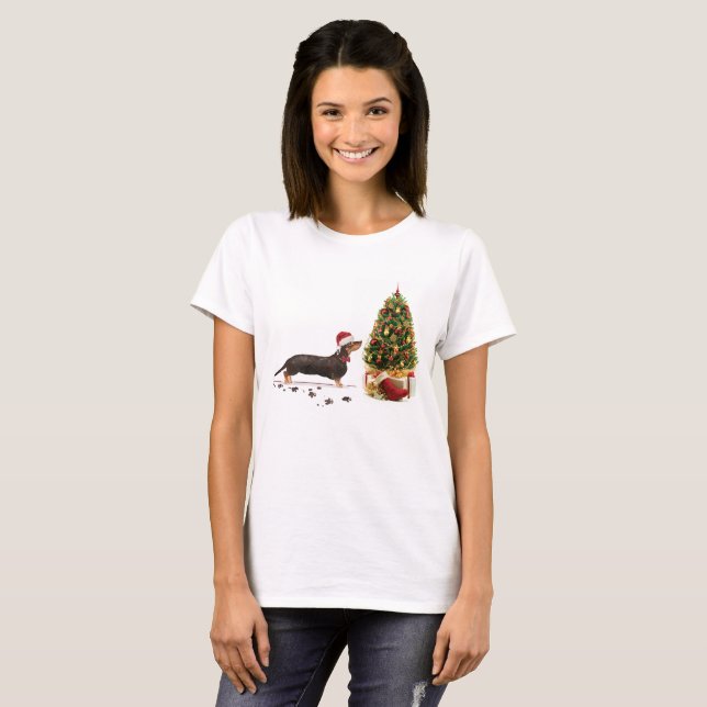 Black and Tan Dachshund Funny God Jul Hund T Shirt (Hel framsida)