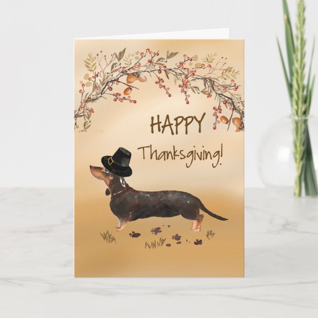 Black and Tan Dachshund Funny Hat Thanksgiving Kort (Framsida)