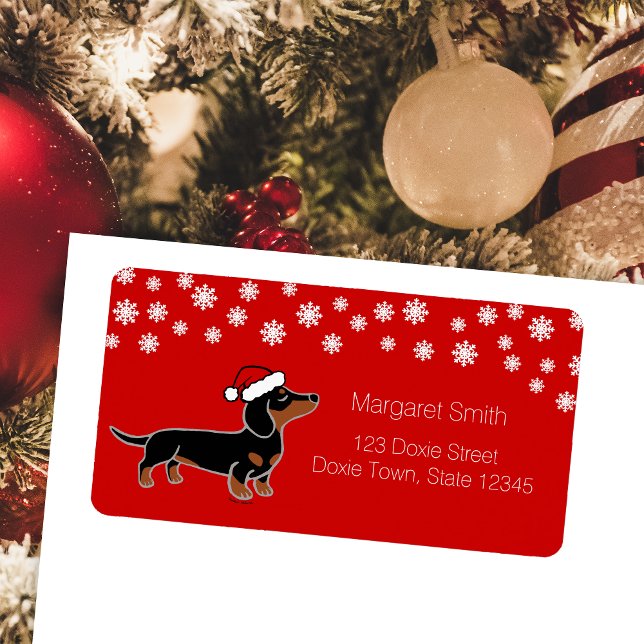Black and Tan Dachshund jul Posing Adressetikett (Black and Tan Smooth Haired Haired Dachshund posing Christmas Return Address Labels for Dachshund )