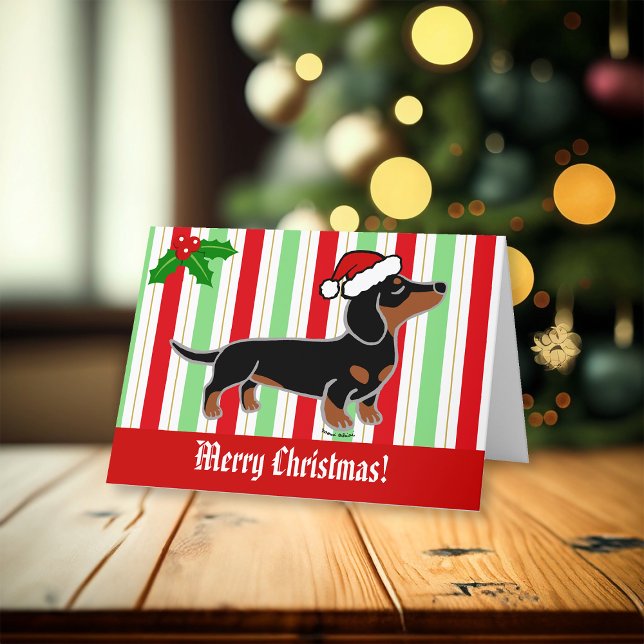 Black and Tan Dachshund jul Posing Helgkort (Black and Tan Smooth Haired Santa Posing Christmas Cards for Dachshund Owners.  Cartoon Design.)