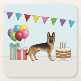 Black and Tan German Shepherd Colorful Birthday Underlägg Papper Kvadrat