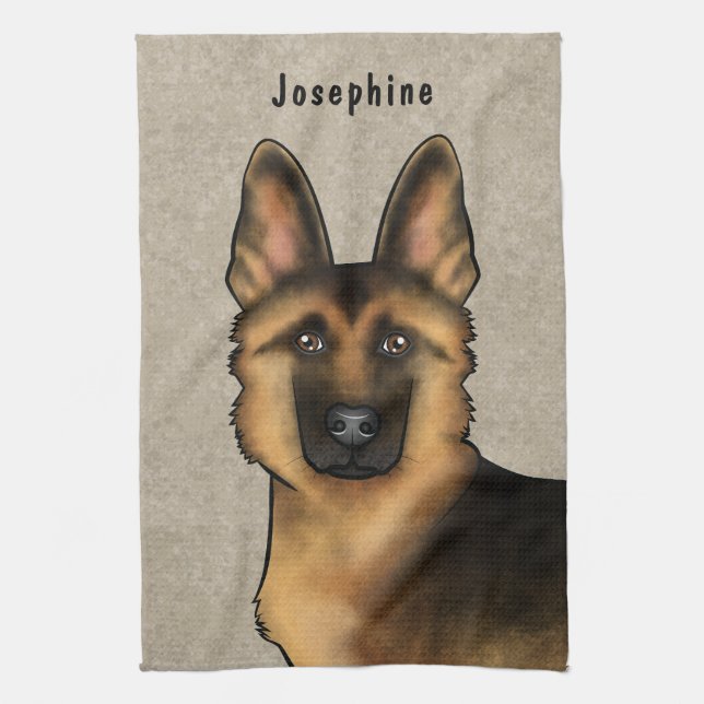 Black and Tan German Shepherd Head and Namn Beige Kökshandduk (Vertikal)