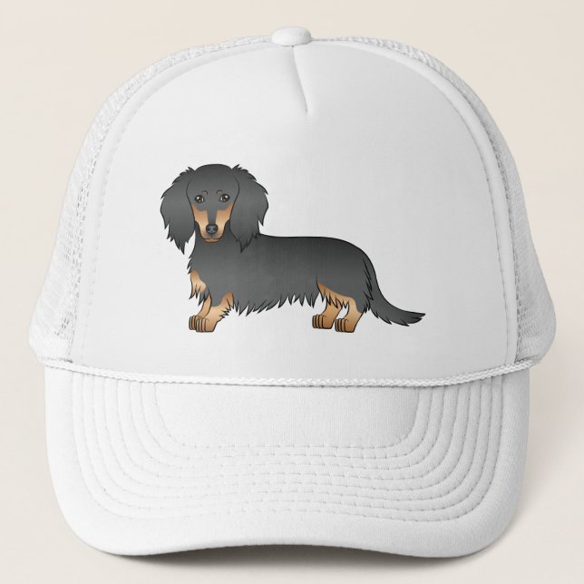Black and Tan Long Hair Dachshund Tecknad hund Keps (Framsida)