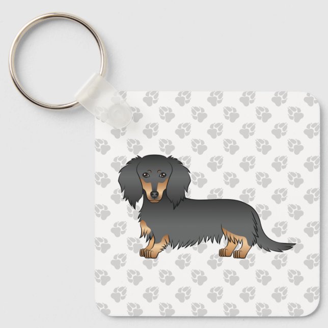 Black and Tan Long Hair Dachshund Tecknad hund Nyckelring (Framsida)