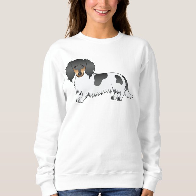 Black and Tan Piebald Long Hair Dachshund Hund T Shirt (Framsida)