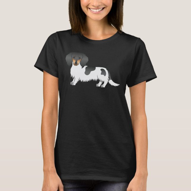 Black and Tan Piebald Long Hair Dachshund Hund T Shirt (Framsida)