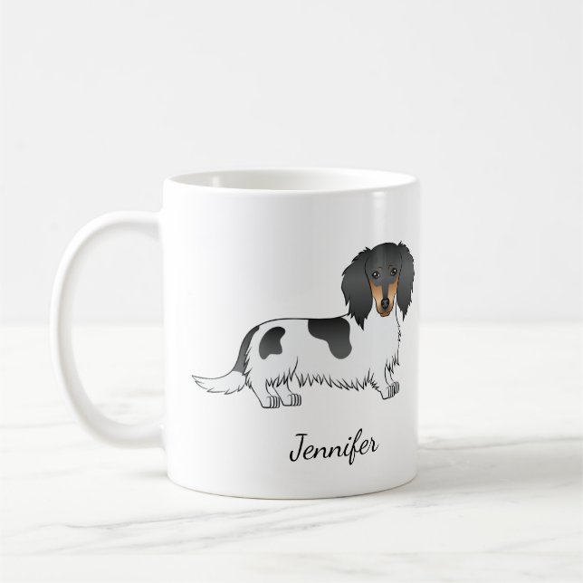 Black and Tan Piebald Long Hair Dachshund & Namn Kaffemugg (Vänster)