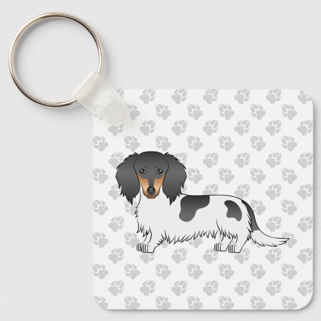 Black and Tan Piebald Long Hair Dachshund & Tass Nyckelring (Framsida)