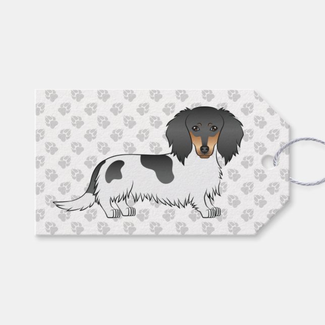 Black and Tan Piebald Long Hair Dachshund & Tass Presentetikett (Framsidan (Horisontell))