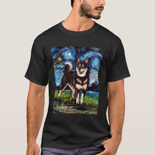 Black and Tan Shiba Inu Starry Night Cute Hund Art T Shirt (Framsida)