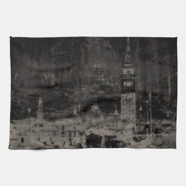 Black and Taupe Distress Skyline Venice Italien Kökshandduk (Horisontell)