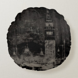 Black and Taupe Distress Skyline Venice Italien Rund Kudde