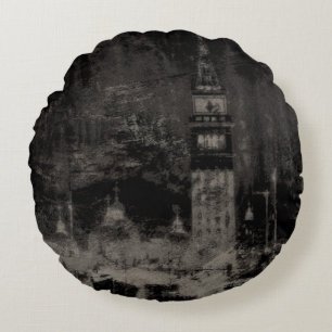 Black and Taupe Distress Skyline Venice Italien Rund Kudde