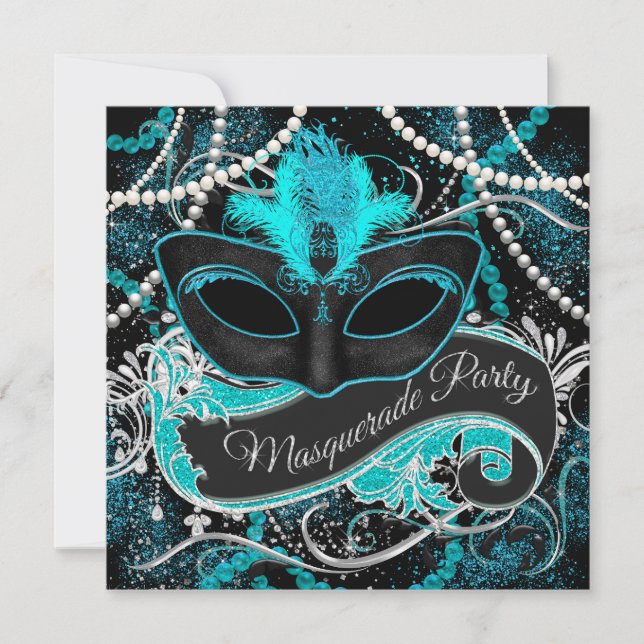 Black and Teal Blue Masquerade Party Inbjudningar (Framsida)