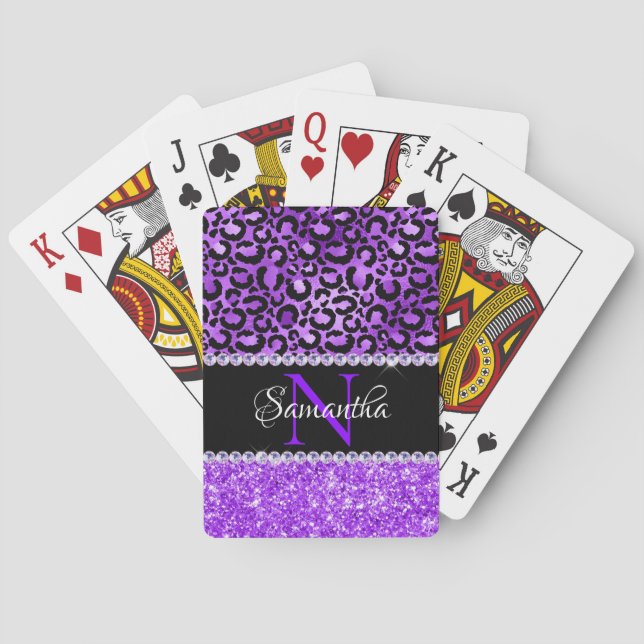 Black and Violet Leopard Spots Glam Monogram Casinokort (Baksidan)