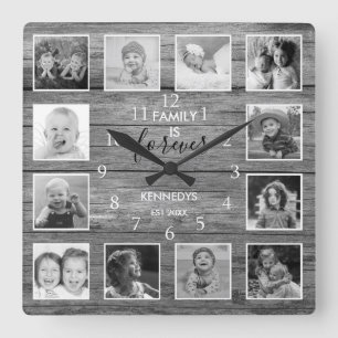 Black and White 12 Photo Collage Family Namn Wood  Fyrkantig Klocka