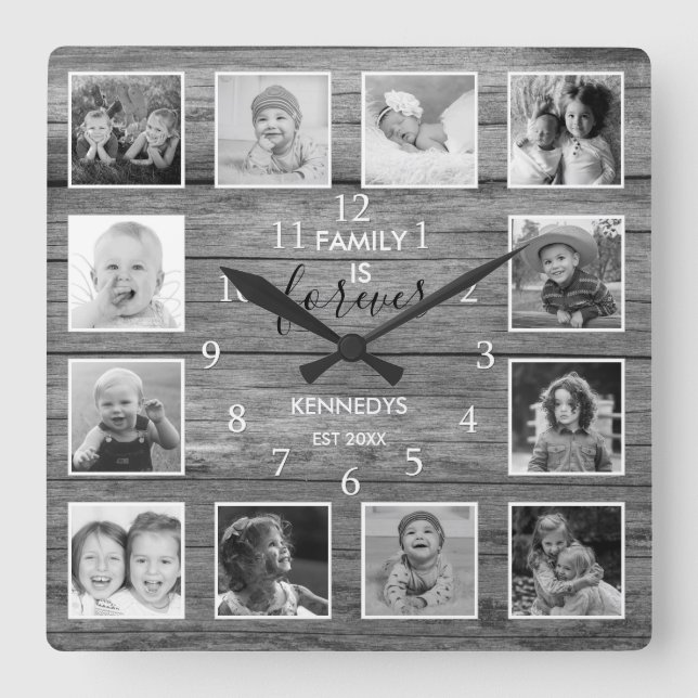 Black and White 12 Photo Collage Family Namn Wood  Fyrkantig Klocka (Framsida)