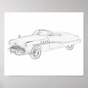 Black and White 1949 Buick Roadmaster Teckning Poster