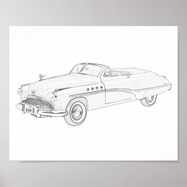 Black and White 1949 Buick Roadmaster Teckning Poster (Framsidan)