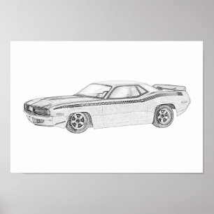 Black and White 1970 Plymouth Barracuda Teckning Poster