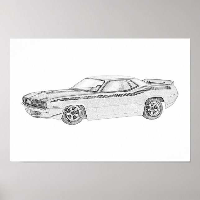 Black and White 1970 Plymouth Barracuda Teckning Poster (Framsidan)