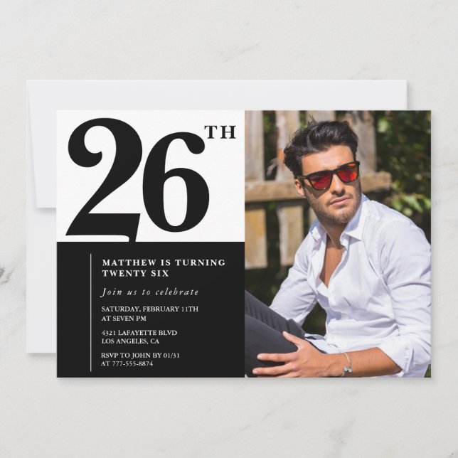 Black and White 26th Birthday Invitations Photo Inbjudningar (Framsida)