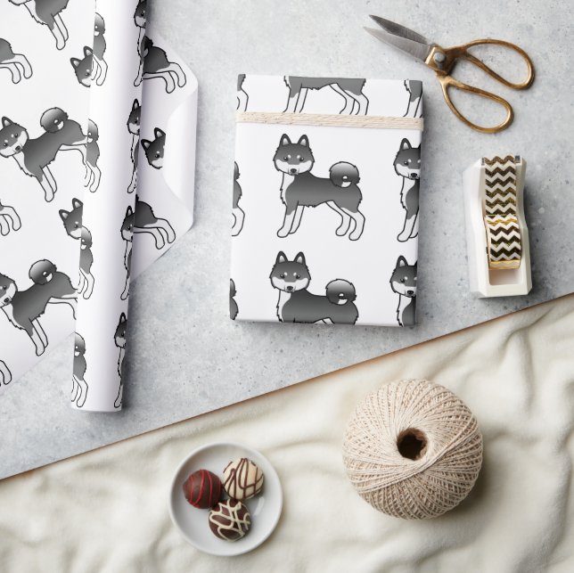 Black and White Alaska Klee Kai Cute Hund Mönster Presentpapper (Hantverk)