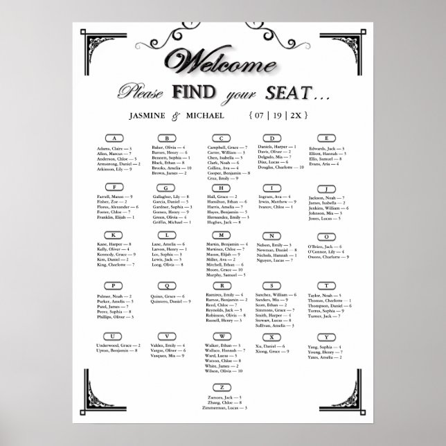 Black and White Alphabetical Wedding Seating Chart Poster (Framsidan)