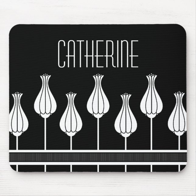 Black and White Art Deco Blommigt Mousepad Musmatta (Framsidan)