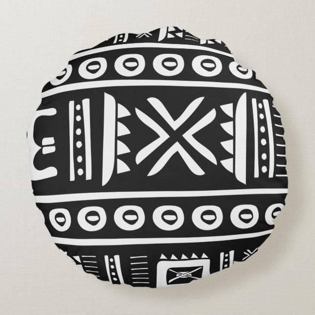 Black and White Aztec Print Round Dekorativ kudde (Baksidan)