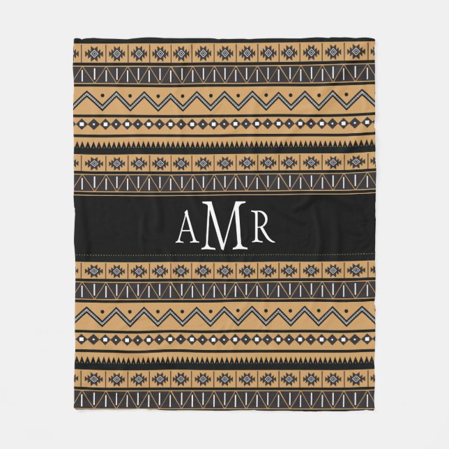 Black and White Aztec Tribal Patterned Monogram Fleecefilt (Framsidan)
