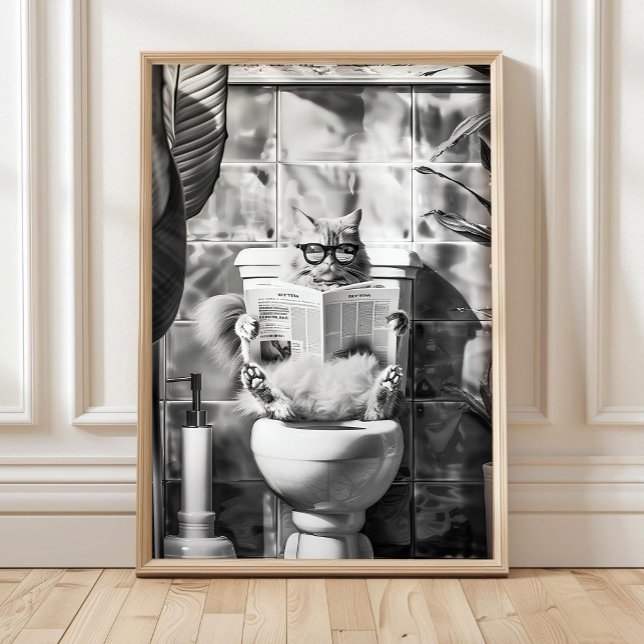 Black and White Bathroom Cat Print, Funny Posters, Poster (Skapare uppladdad)