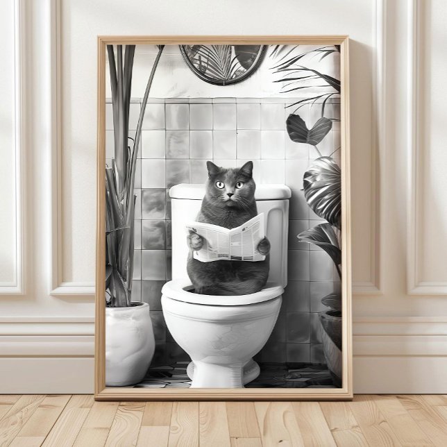 Black and White Bathroom Cat Print, Funny Posters, Poster (Skapare uppladdad)