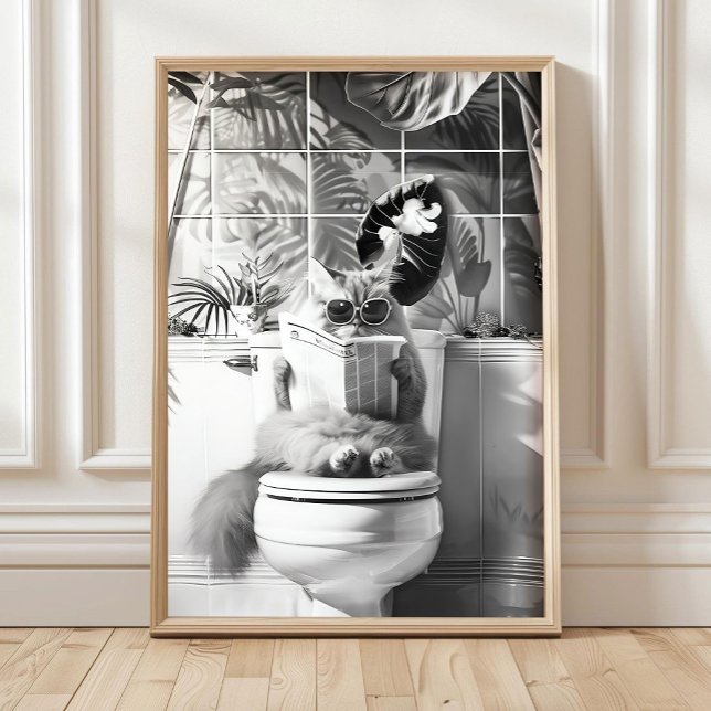 Black and White Bathroom Cat Print, Funny Posters, Poster (Skapare uppladdad)