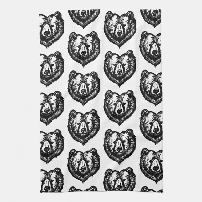 Black and White Bear's Face Ink Drawing Kökshandduk (Vertikal)