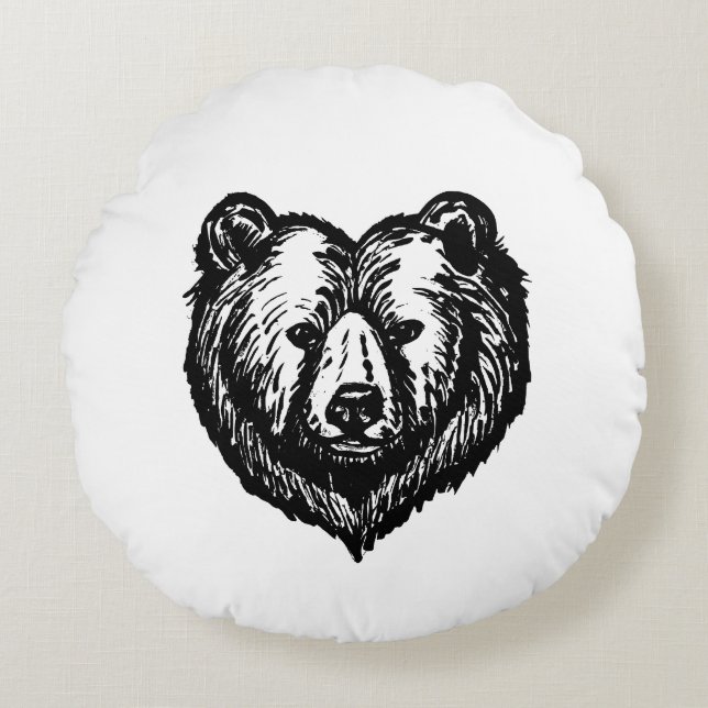 Black and White Bear's Face Ink Drawing Rund Kudde (Framsidan)