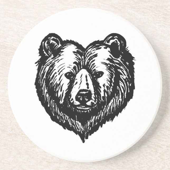 Black and White Bear's Face Ink Drawing Underlägg (Framsidan)