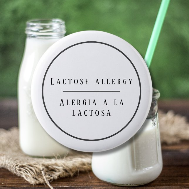 Black and White Bilingual Allergy Alert to Lactos Knapp (Bilingual lactose allergy warning button, editable text for any food allergy. multilingual project)