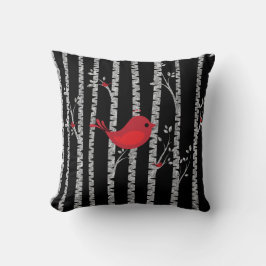 Black and White Birch Träd med Red Bird Kudde