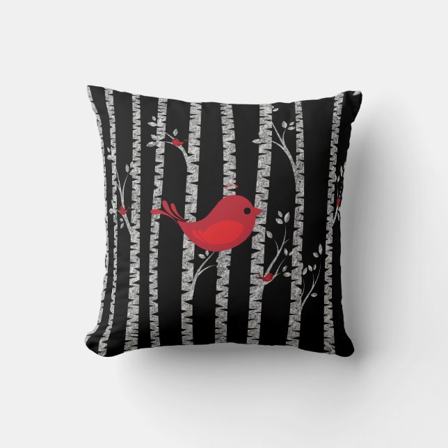 Black and White Birch Träd med Red Bird Kudde (Framsida)