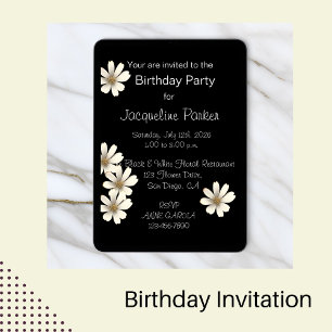 Black and White Blommigt Birthday Inbjudningar