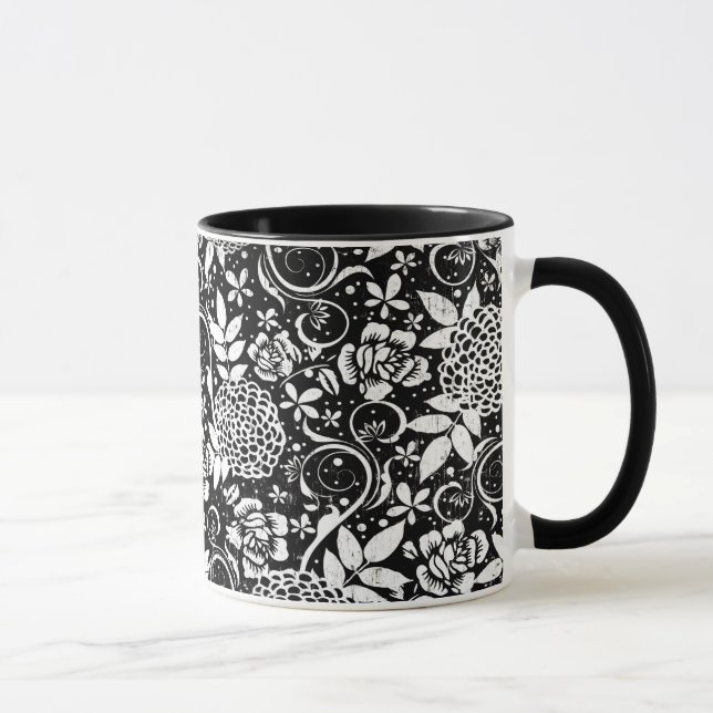 Black and White Blommigt Flowers Classic Mugg (Höger)