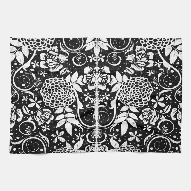 Black and White Blommigt Flowers Tea Kitchen Towel Kökshandduk (Horisontell)