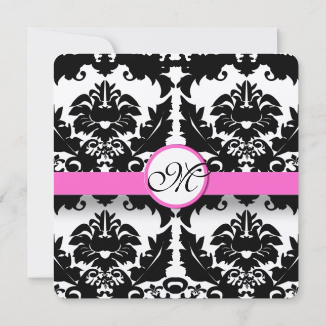 Black and White Blommigt Rosa Trim Damask Wedding Inbjudningar (Baksida)