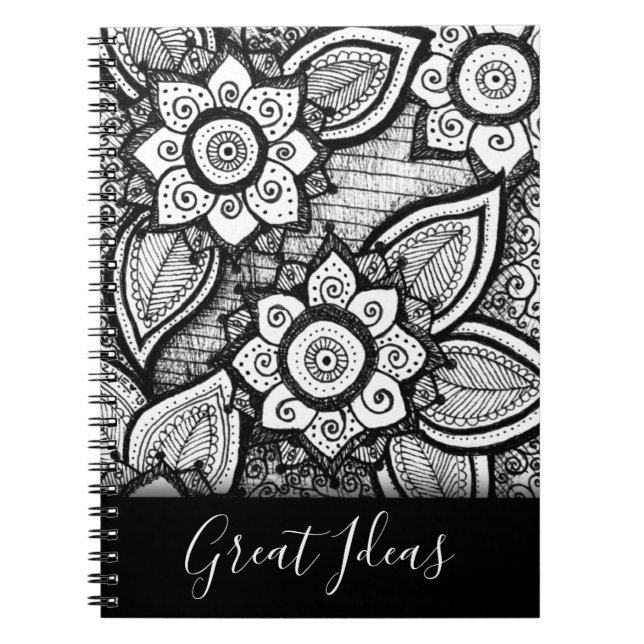 Black and White Boho Chic Mandala Blommönsters Anteckningsbok (Framsidan)