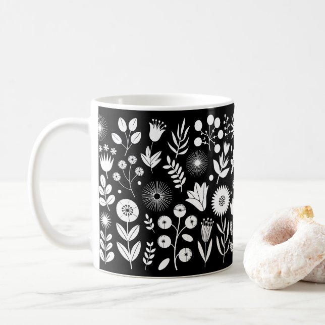 Black and White Boho Wildblomma Kaffemugg (Med munk)