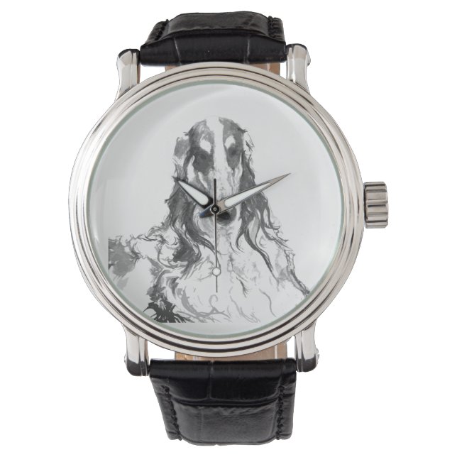 Black and White Borzoi Porträtt Watch Armbandsur (Framsida)