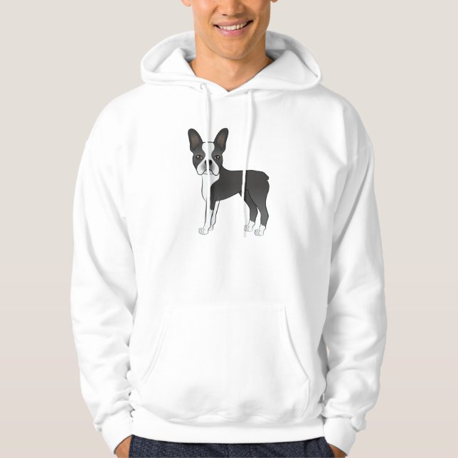 Black and White Boston Terrier Hund Illustration Hoodie (Framsida)